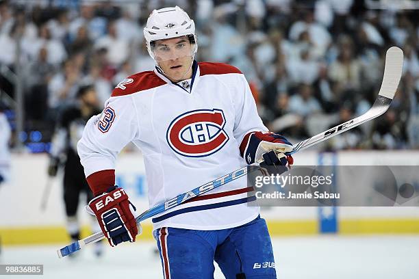 Michael Cammalleri of the Montreal Canadiens waits for a face off against the Pittsburgh Penguins in Game Two of the Eastern Conference Semifinals...