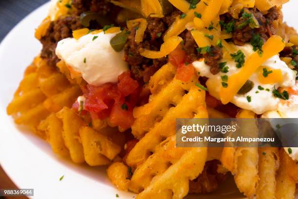 close-up of potato nachos with meat, cheese and sour cream - almpanezou bildbanksfoton och bilder