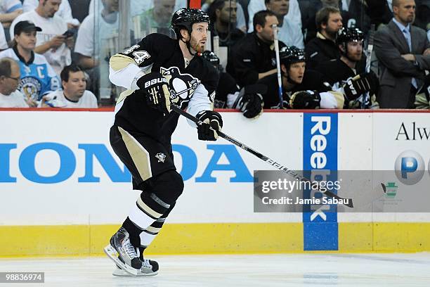 Brooks Orpik of the Pittsburgh Penguins skates against the Montreal Canadiens in Game Two of the Eastern Conference Semifinals during the 2010 NHL...