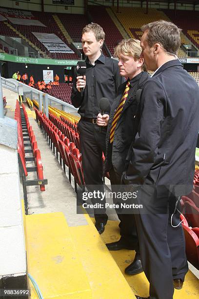 Football Focus presenter Dan Walker with Stuart McCall and Lee Dixon present the programme at the point were the 1985 Bradford Fire started on the...