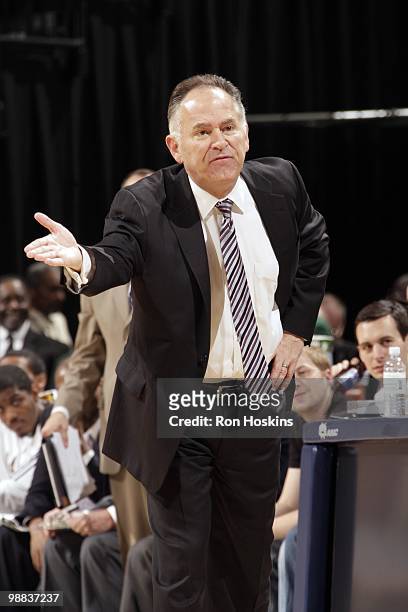 Head coach Jim O'Brien of the Indiana Pacers reacts during the game against the Orlando Magic at Conseco Fieldhouse on April 12, 2010 in...