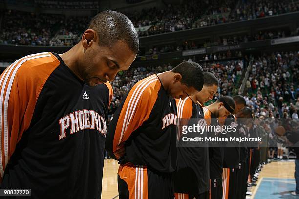 Grant Hill of the Phoenix Suns lines up on the court with his team before taking on the Utah Jazz at EnergySolutions Arena on April 14, 2010 in Salt...