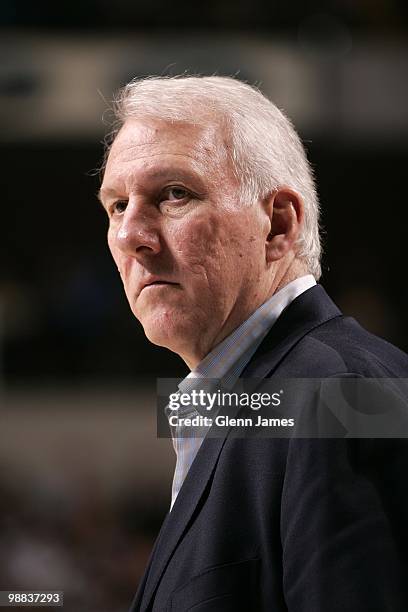 Head coach Gregg Popovich of the San Antonio Spurs looks on during the game against the Dallas Mavericks at American Airlines Center on April 14,...