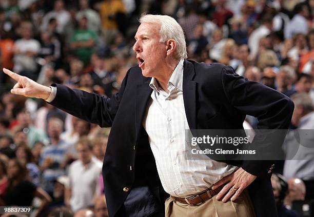 Head coach Gregg Popovich of the San Antonio Spurs points during the game against the Dallas Mavericks at American Airlines Center on April 14, 2010...