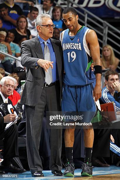 Assistant coach Dave Wohl talks with Wayne Ellington of the Minnesota Timberwolves during the game against the New Orleans Hornets at New Orleans...