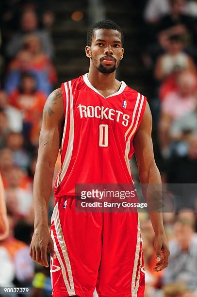 Aaron Brooks of the Houston Rockets looks on during the game against the Phoenix Suns at U.S. Airways Center on April, 2010 in Phoenix, Arizona. The...
