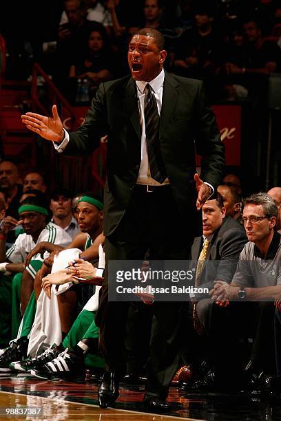 Head coach Doc Rivers of the Boston Celtics reacts against the Miami Heat in Game Three of the Eastern Conference Quarterfinals during the 2010 NBA...
