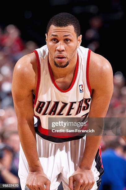 Brandon Roy of the Portland Trail Blazers looks across the court in Game Six of the Western Conference Quarterfinals against the Phoenix Suns during...