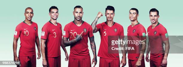 In this composite image, Joao Maria,Pepe,Ricardo Quaresma,Jose Fonte,Cristiano Ronaldo,Cedric of Portugal pose for a portrait during the official...