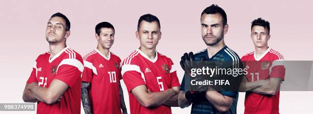 In this composite image, Artem Dzyuba, Fedor Smolov,Denis Cheryshev, Igor Akinfeev,Aleksandr Golovin of Russia pose for a portrait during the...