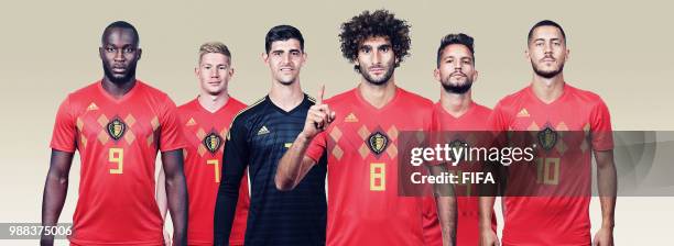 In this composite image, Romelu Lukaku, Kevin De Bruyne, Thibaut Courtois, Marouane Fellaini, Dries Mertens, Eden Hazard of Belgium pose for a...