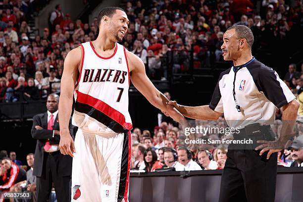 Brandon Roy of the Portland Trail Blazers talks to referee Dan Crawford in Game Six of the Western Conference Quarterfinals against the Phoenix Suns...