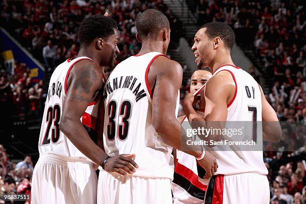 Brandon Roy of the Portland Trail Blazers talks to his teammates in Game Six of the Western Conference Quarterfinals against the Phoenix Suns during...