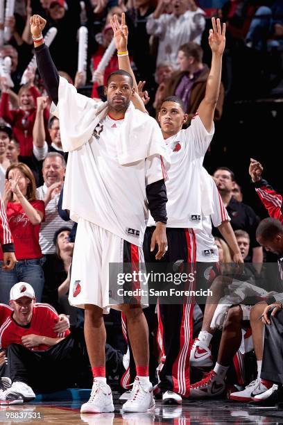 Marcus Camby and Jeff Pendergraph of the Portland Trail Blazers celebrate in Game Six of the Western Conference Quarterfinals against the Phoenix...