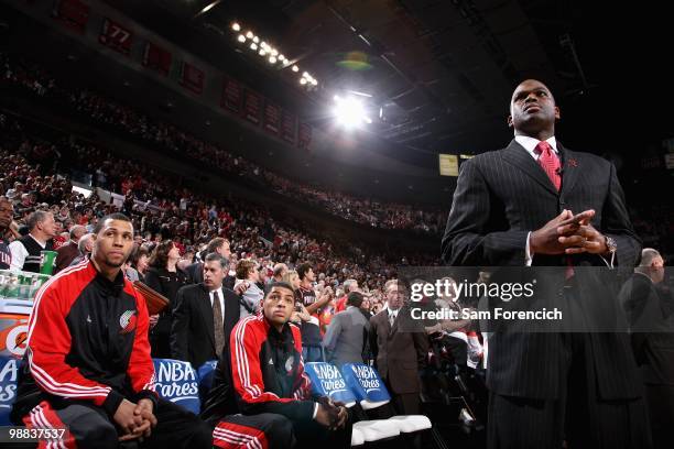 Brandon Roy, Nicolas Batum and head coach Nate McMillan of the Portland Trail Blazers stand near the sideline before Game Six of the Western...