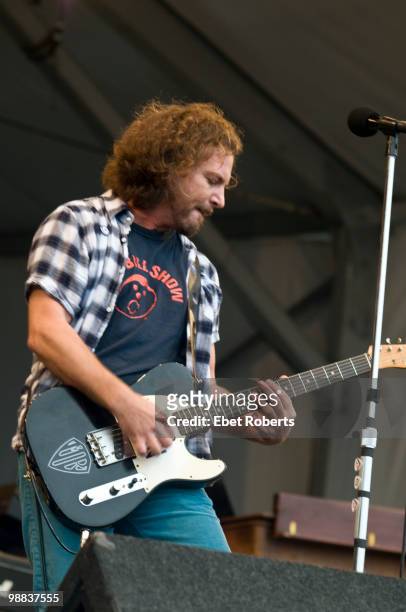 Eddie Vedder of Pearl Jam performing at the New Orleans Jazz & Heritage Festival on May 1, 2010 in New Orleans, Louisiana.