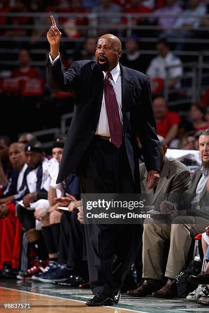 Head coach Mike Woodson of the Atlanta Hawks calls a play against the Milwaukee Bucks in Game Six of the Eastern Conference Quarterfinals during the...