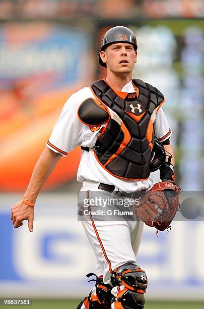 Matt Wieters of the Baltimore Orioles walks towards home plate during the game against the Boston Red Sox at Camden Yards on May 2, 2010 in...