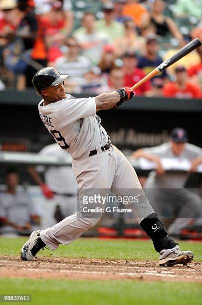 Adrian Beltre of the Boston Red Sox bats against the Baltimore Orioles at Camden Yards on May 2, 2010 in Baltimore, Maryland.