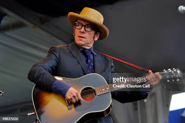 Elvis Costello performs with The Sugarcanes at the Gentilly Stage on day four of New Orleans Jazz & Heritage Festival on April 29, 2010 in New...
