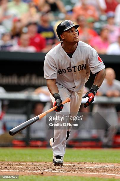 Adrian Beltre of the Boston Red Sox bats against the Baltimore Orioles at Camden Yards on May 2, 2010 in Baltimore, Maryland.