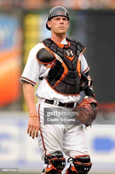 Matt Wieters of the Baltimore Orioles walks towards home plate during the game against the Boston Red Sox at Camden Yards on May 2, 2010 in...