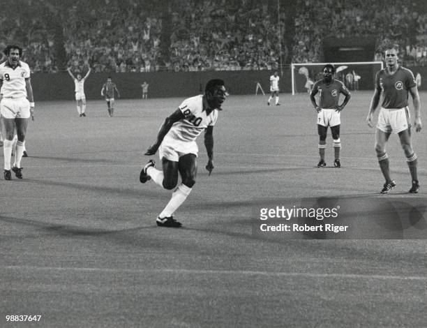 Pele of New York Cosmos and teammate Giorgio Chinaglia celebrate after Pele scored a goal against the Rochester Lancers during the second leg of the...