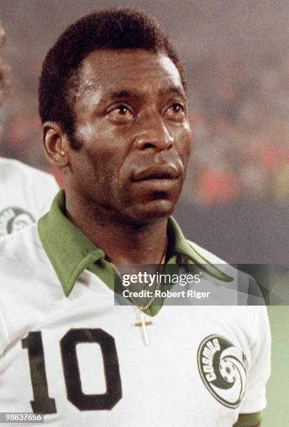 Pele of New York Cosmos looks on before a game at Giants Stadium in East Rutherford, New Jersey, circa 1975-77.