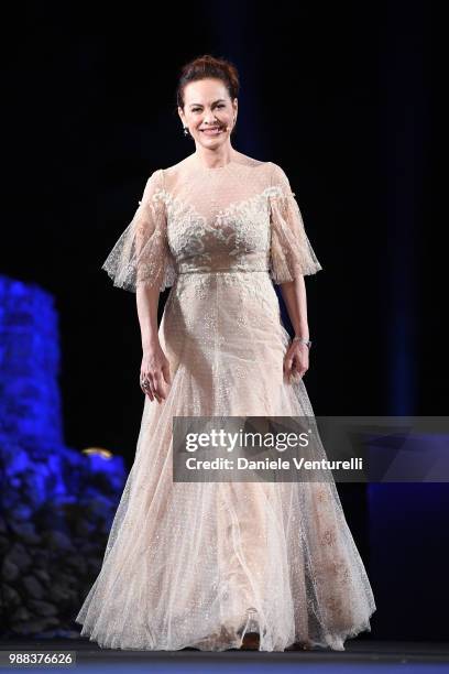 Elena Sofia Ricci is awarded during the Nastri D'Argento Award Ceremony on June 30, 2018 in Taormina, Italy.