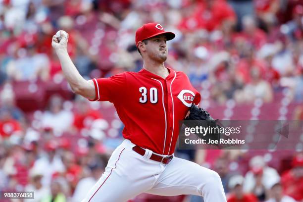 Tyler Mahle of the Cincinnati Reds pitches in the first inning against the Milwaukee Brewers at Great American Ball Park on June 30, 2018 in...