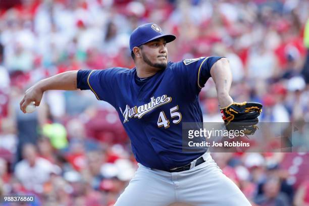 Jhoulys Chacin of the Milwaukee Brewers pitches in the first inning against the Cincinnati Reds at Great American Ball Park on June 30, 2018 in...