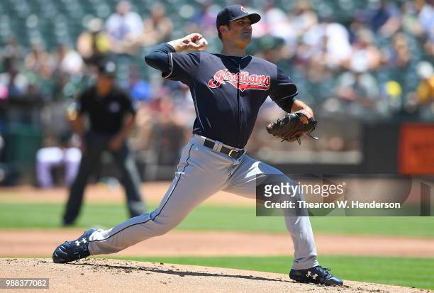 Adam Plutko of the Cleveland Indians pitches against the Oakland Athletics in the bottom of the first inning at Oakland Alameda Coliseum on June 30,...