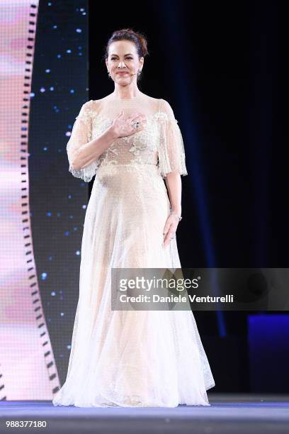 Elena Sofia Ricci is awarded during the Nastri D'Argento Award Ceremony on June 30, 2018 in Taormina, Italy.