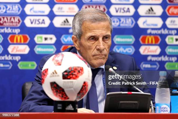 Oscar Tabarez, Head coach of Uruguay attends the post match press conference following the 2018 FIFA World Cup Russia Round of 16 match between...