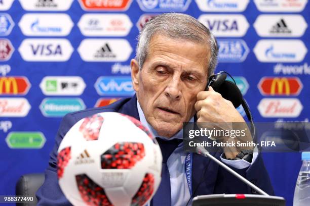 Oscar Tabarez, Head coach of Uruguay attends the post match press conference following the 2018 FIFA World Cup Russia Round of 16 match between...