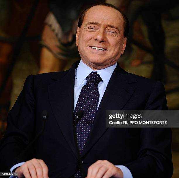 Italian Prime minister Silvio Berlusconi attends a joint press conference with the head of the Italian Civil Protection Guido Bertolaso and General...