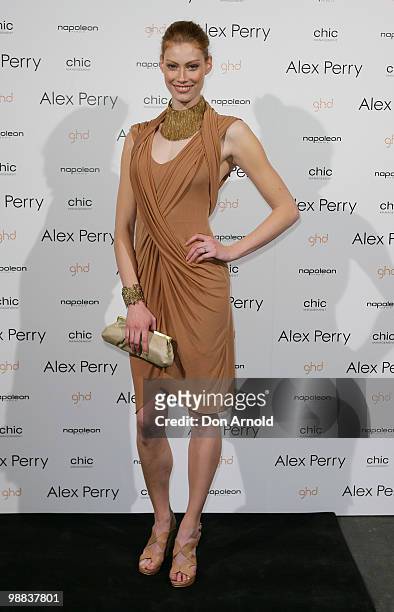Alyssa Sutherland attends the Alex Perry show on the second day of Rosemount Australian Fashion Week Spring/Summer 2010/11 off-site at Fox Studios on...