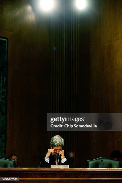 Senate Finance Committee member Sen. John Kerry listens to testimony from U.S. Treasury Secretary Timothy Geithner on Capitol Hill May 4, 2010 in...