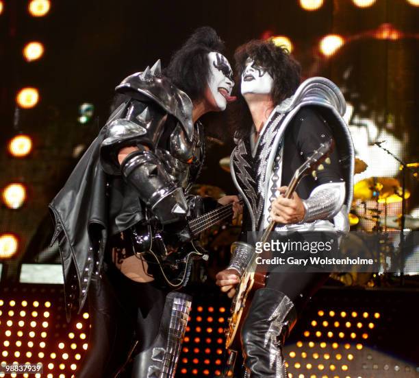 Gene Simmons and Tommy Thayer of Kiss perform on stage at Sheffield Arena on May 1, 2010 in Sheffield, England.