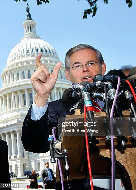 Sen. Robert Menendez speaks during a news conference on Capitol Hill May 4, 2010 in Washington, DC. The press conference was focused on the oil spill...