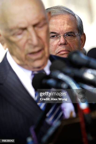 Sen. Frank Lautenberg speaks as Sen. Robert Menendez listens during a news conference on Capitol Hill May 4, 2010 in Washington, DC. The press...