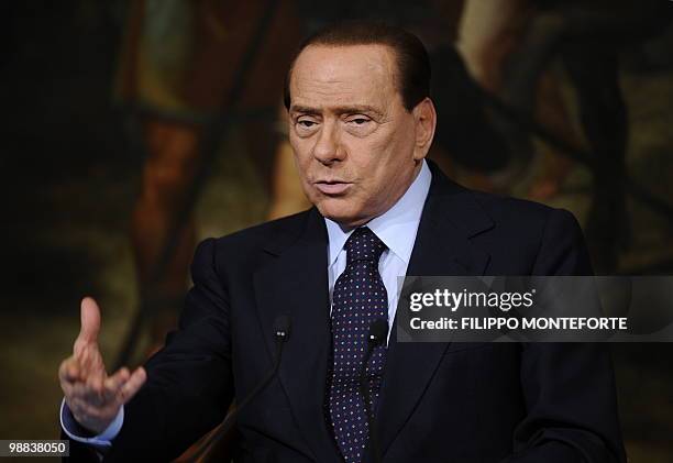 Italian Prime minister Silvio Berlusconi attends a joint press conference with the head of the Italian Civil Protection Guido Bertolaso and General...