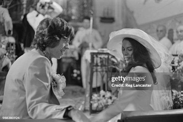 Mick and Bianca Jagger at their wedding at the Church of St. Anne, St Tropez, 12th May 1971.