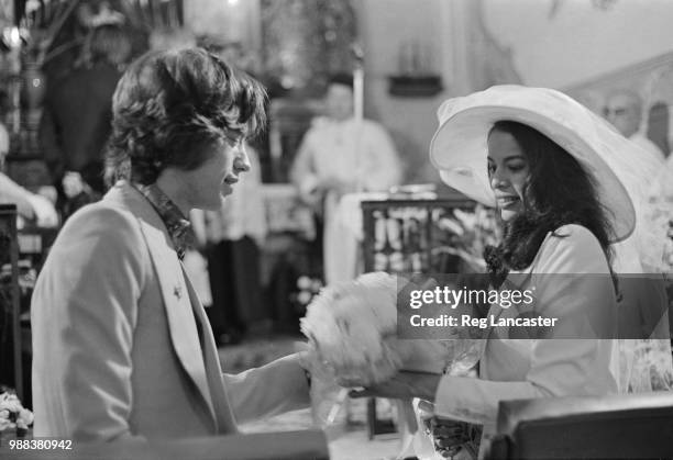 Mick and Bianca Jagger at their wedding at the Church of St. Anne, St Tropez, 12th May 1971.