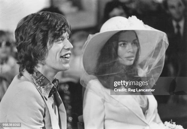 Mick and Bianca Jagger at their wedding at the Church of St. Anne, St Tropez, 12th May 1971.