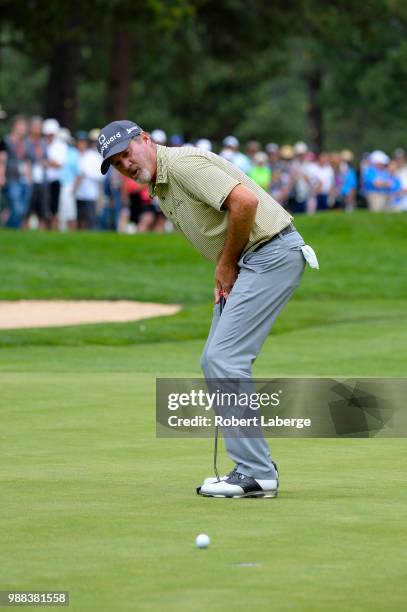 Jerry Kelly reacts to missing a putt on the fifth hole during round three of the U.S. Senior Open Championship at The Broadmoor Golf Club on June 30,...