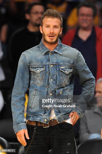 Soccer player David Beckham attends the game between the Portland Trail Blazers and the Los Angeles Lakers at Staples Center on April 11, 2010 in Los...