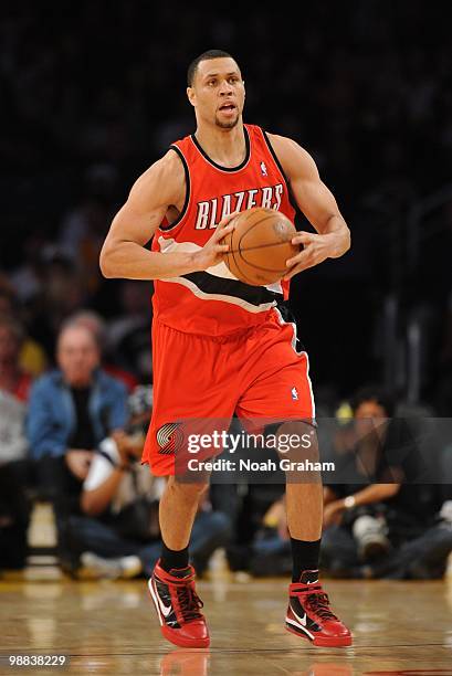 Brandon Roy of the Portland Trail Blazers looks to pass the ball against the Los Angeles Lakers during the game at Staples Center on April 11, 2010...