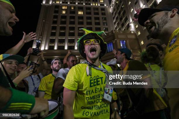 Brazilian fans vibrate during the Team Brazil arrival at Lotte Hotel Samara ahead of the Round 16 match against Mexico on July 01, 2018 in Samara,...