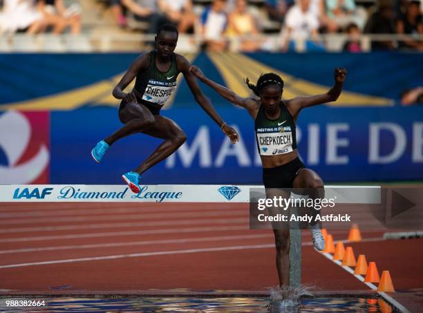 Beatrice Chepkoech and Celliphine Chepteek Chespol both from Kenya during the Women's 3000m Steeplechase at Meeting de Paris of the IAAF Diamond...